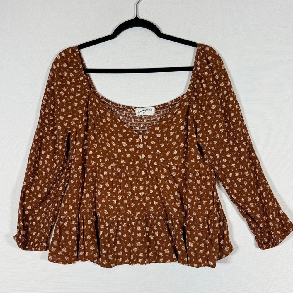 Carly Jean Large Top Brown Womens Floral Smocked Boho‎ Prairie Romantic Flowy